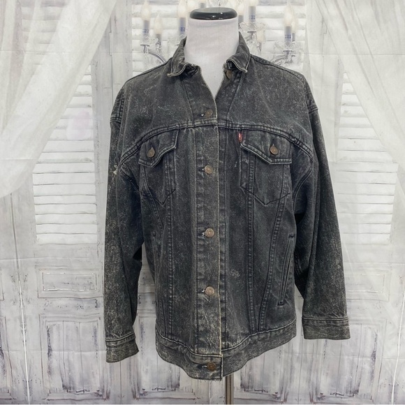 Levis Medium Trucker Jacket Denim Cotton Button Black Stonewash Retro Oversized - Picture 1 of 16